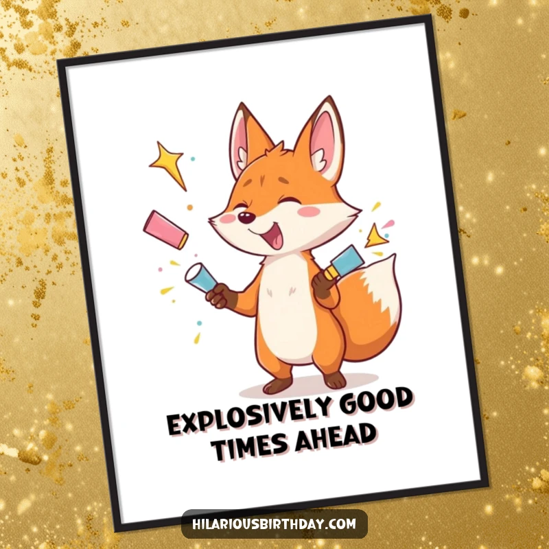 Funny Free Printable Wall Art: Gleeful fox character juggling several exploding party poppers with wild enthusiasm, a dynamic and funny piece.