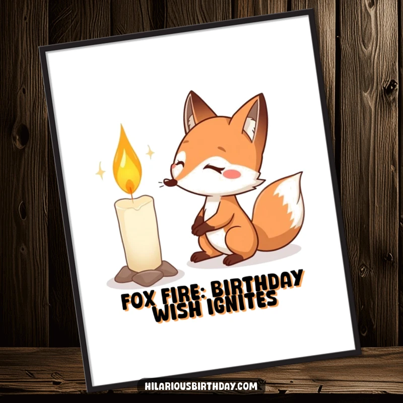 Funny Free Printable Wall Art capturing a determined fox mid-effort to blow out a gigantic birthday candle, creating a humorous scene.