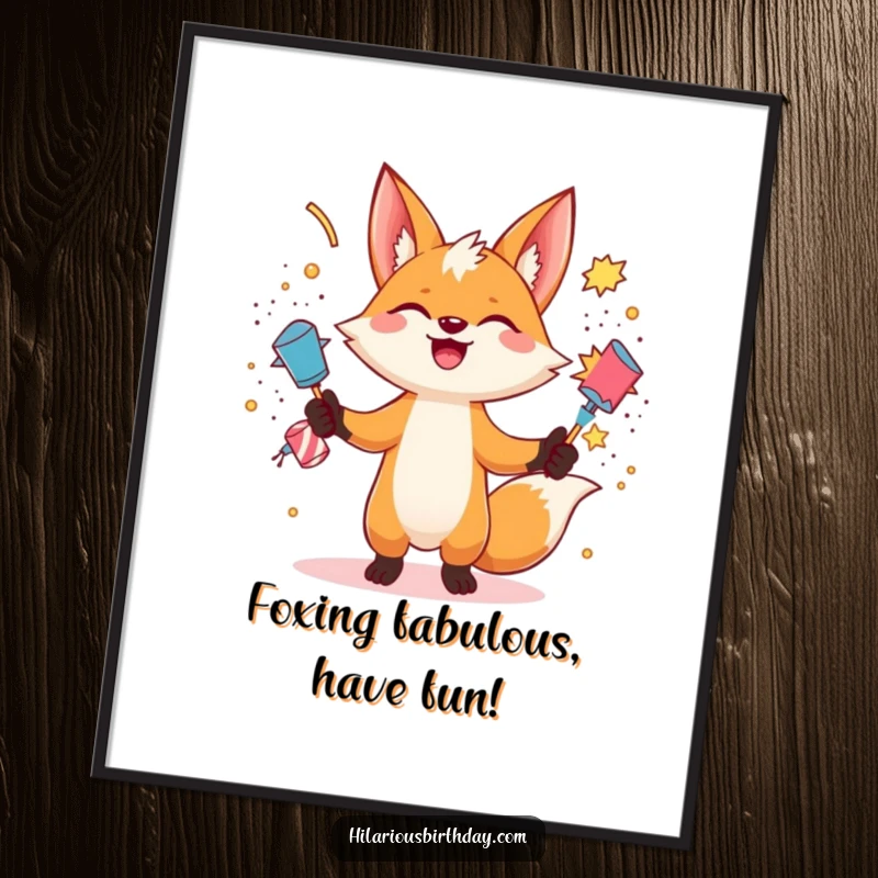 Funny Free Printable Wall Art: A gleeful fox balances exploding party poppers with impressive juggling skills, bringing dynamic fun to walls.