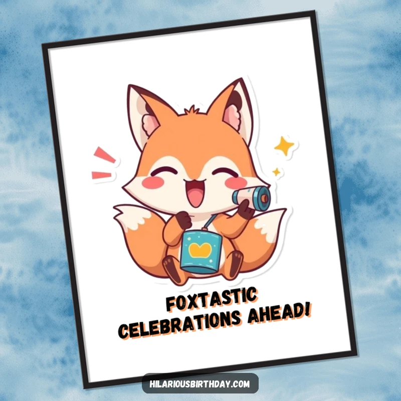 Funny Free Printable Wall Art of a playful fox character enthusiastically shaking a noisemaker, creating a festive atmosphere.