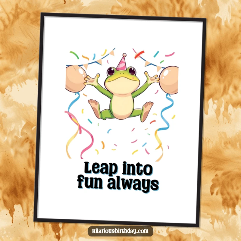 Funny Free Printable Wall Art of an energetic frog character leaping high over colorful party streamers, bringing a dynamic feel.