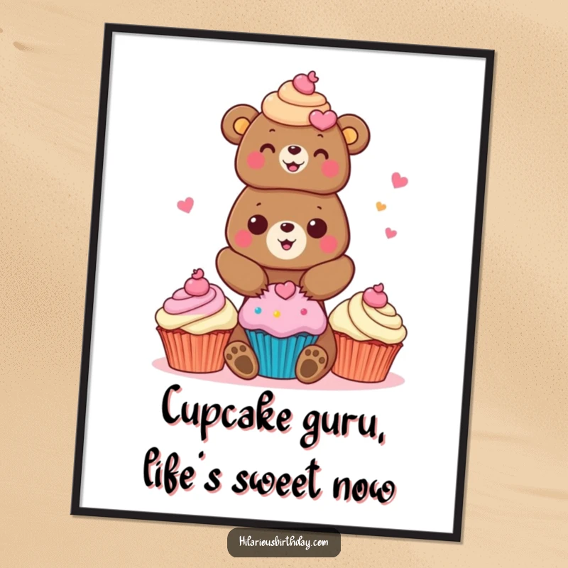 Funny free printable wall art of a cheerful bear stacking colorful cupcakes, creating a joyous and sweet visual.