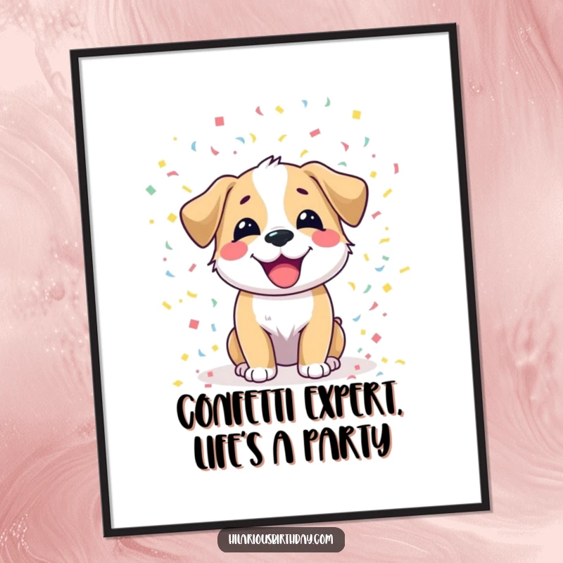 Funny free printable wall art of a joyful dog scattering a rainbow of confetti, embodying pure, unadulterated happiness.