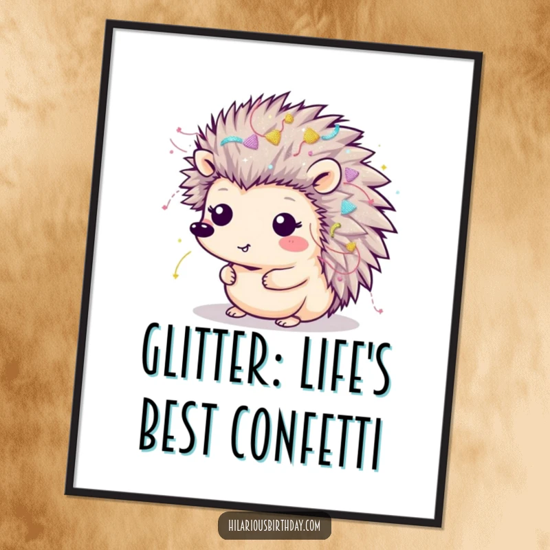 Funny Free Printable Wall Art: A delightful Kawaii hedgehog absolutely covered in streamers and glitter, radiating happiness.