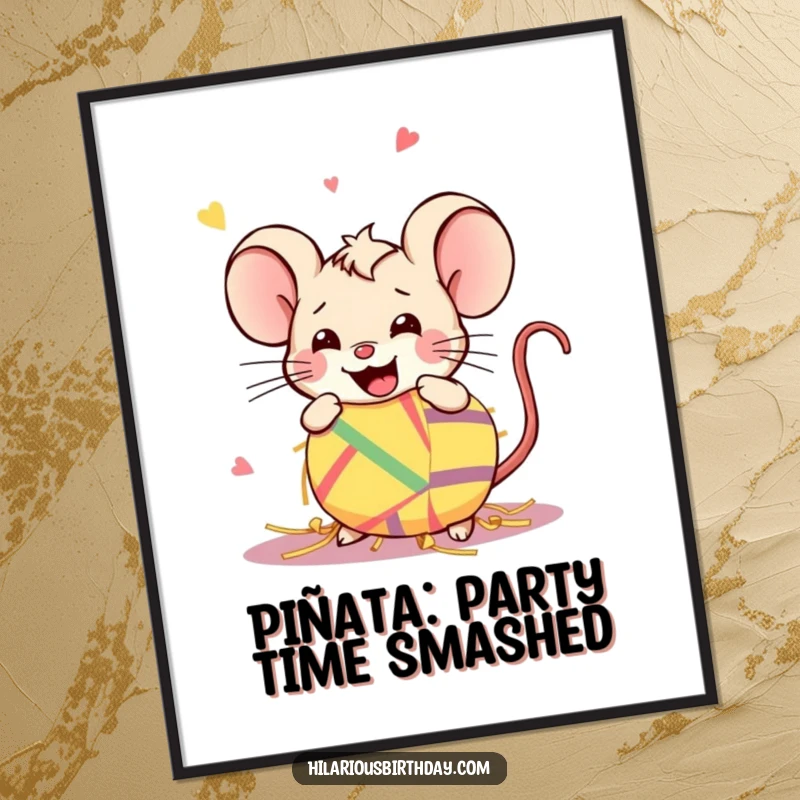 Funny Free Printable Wall Art: A mischievous Kawaii mouse gleefully smashing a piñata, celebrating with colorful chaos.