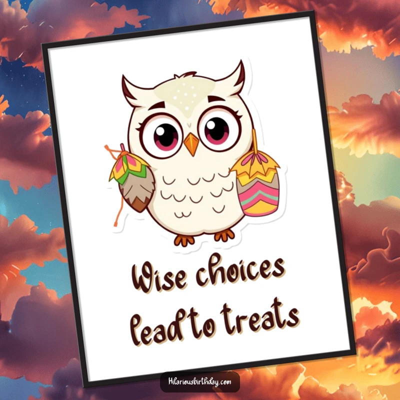 Funny Free Printable Wall Art featuring a kawaii owl with enormous, surprised eyes fixated on a piñata.