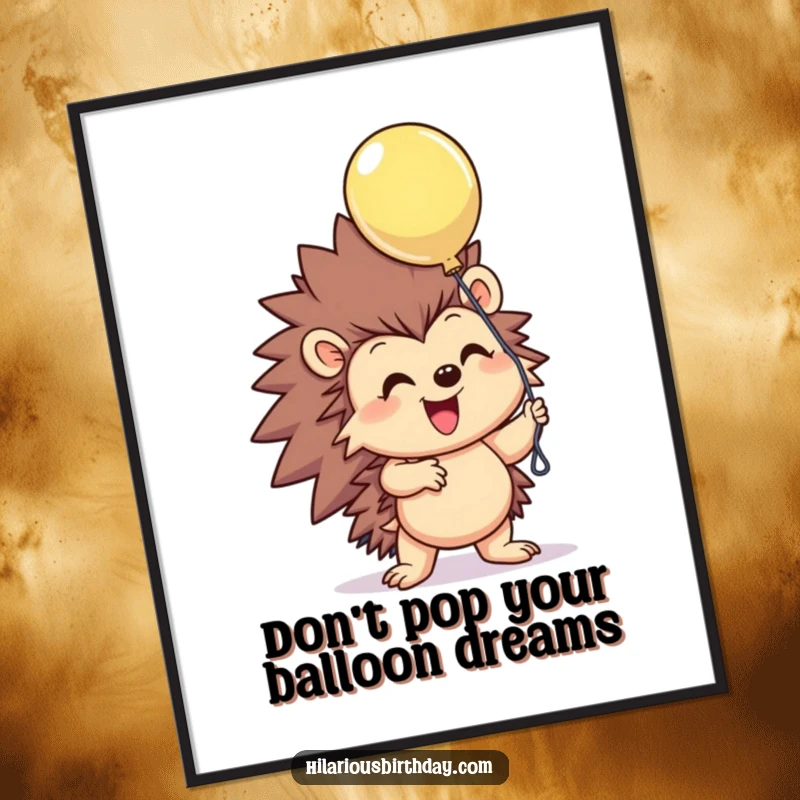 Funny Free Printable Wall Art: A smiling hedgehog excitedly grasps a single floating balloon, adding a cheerful and whimsical touch to decor.