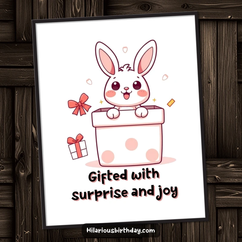 Funny Free Printable Wall Art: Surprised Kawaii bunny character popping out of a giant gift box, whimsical decor.
