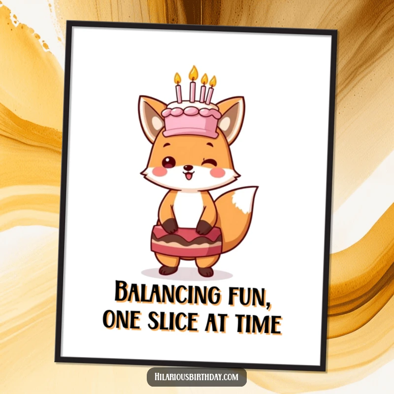 Funny Free Printable Wall Art: Happy Kawaii fox balancing a cake with candles on its head, charming decor.