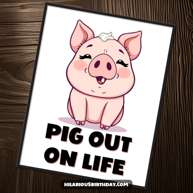 Funny Free Printable Wall Art: A kawaii pig gleefully smudging frosting onto its cute little nose.