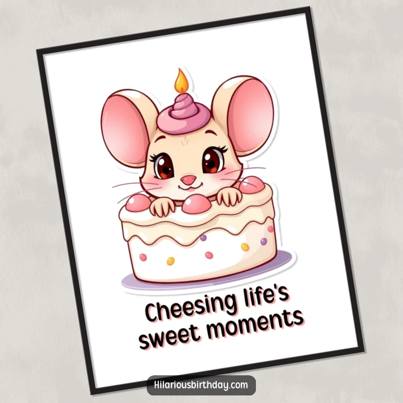 Funny Free Printable Wall Art: A curious mouse with wide eyes peeks out of a birthday cake, creating whimsical decor.