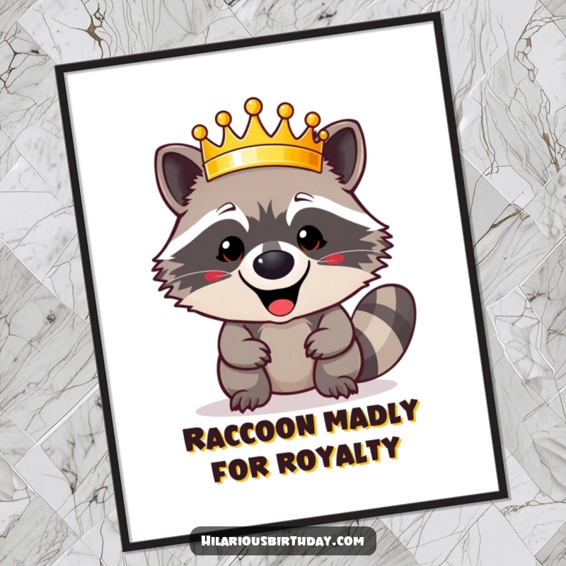 Funny Free Printable Wall Art: A happy raccoon triumphantly sports a shiny golden crown, bringing a sense of regal fun to any wall.