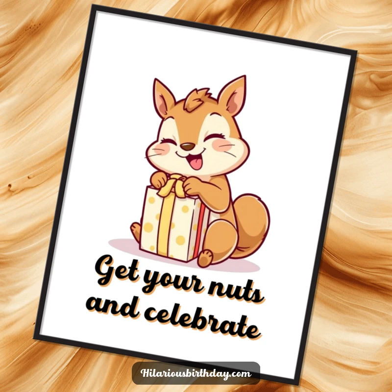 Funny Free Printable Wall Art: A giggling squirrel rapidly unwraps a gift with excited paws, adding playful decor.