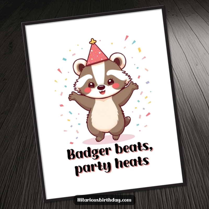 Funny Free Printable Wall Art: A happy badger in a sparkly hat dancing energetically surrounded by confetti, festive downloadable art.