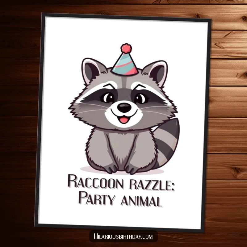 Funny Free Printable Wall Art of a beaming raccoon confidently wearing a hilariously silly, tilted party hat, bringing joy.