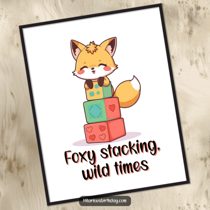 Funny Free Printable Wall Art: A giggling fox character stacking colorful party blocks in a hilariously unstable tower.
