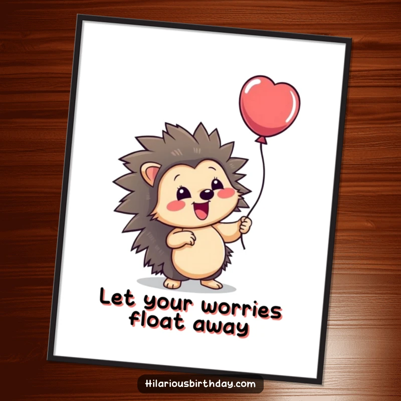 Funny Free Printable Wall Art: Smiling hedgehog character holding a single floating balloon, evoking simple joy and whimsy.