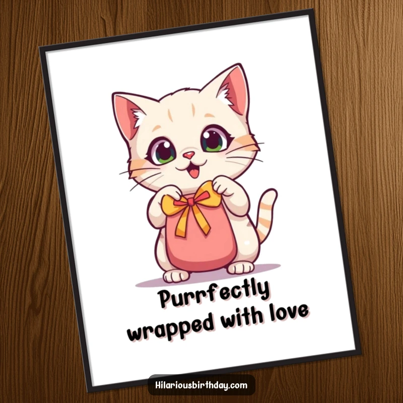 Funny Free Printable Wall Art: Whimsical kawaii cat with big, expressive eyes, shaking a gift bag with glee.
