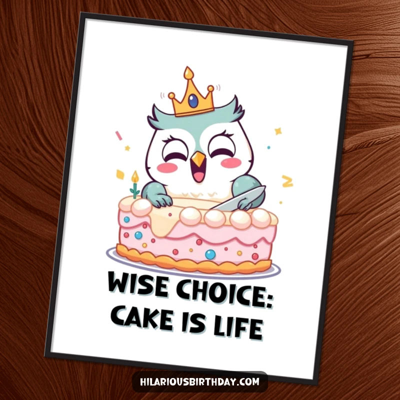 Funny Free Printable Wall Art: A happy owl in a birthday crown gleefully cutting an enormous cake, cute downloadable art.