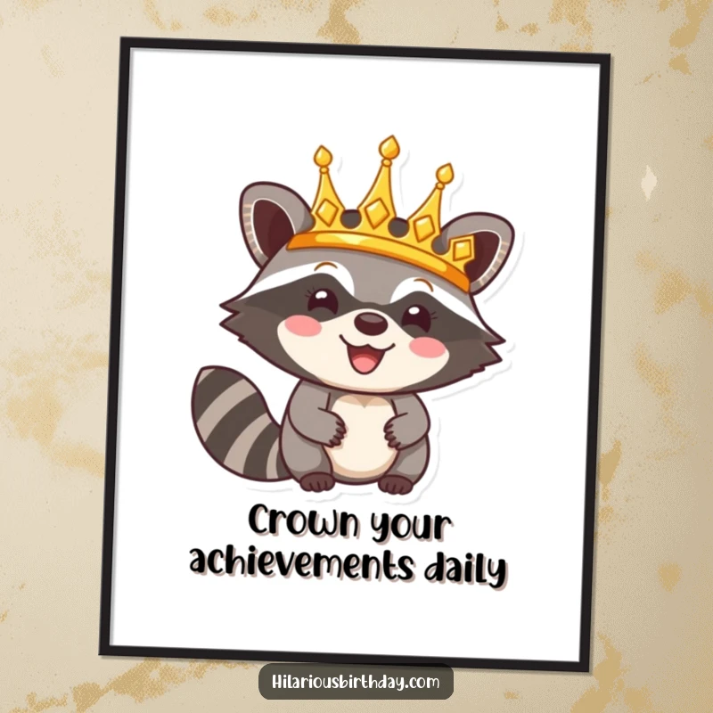 Funny Free Printable Wall Art: Happy raccoon character triumphantly wearing a shiny golden crown, exuding regal and humorous charm.