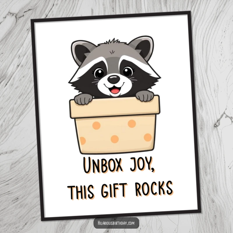 Funny Free Printable Wall Art: A smiling raccoon peeking curiously out of an open gift box, bringing playful vibes.