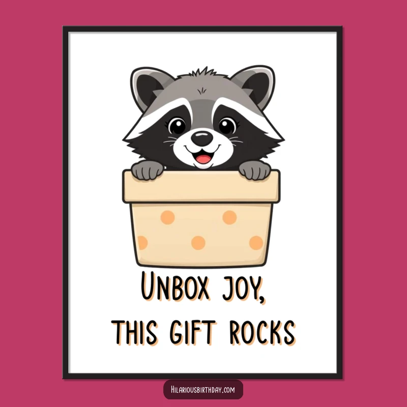 Free Printable Wall Art: Smiling Raccoon Peeking Gift Box - Cute Downloadable Decor