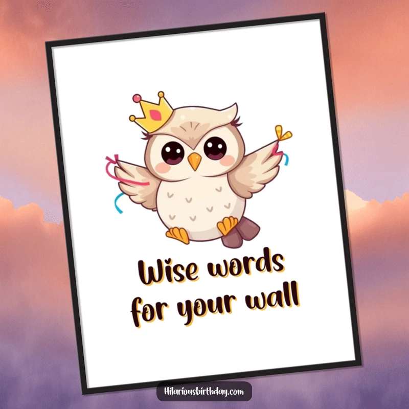 Funny Free Printable Wall Art: A whimsical owl in a party crown flies with a streamer, adding cheerful decor.
