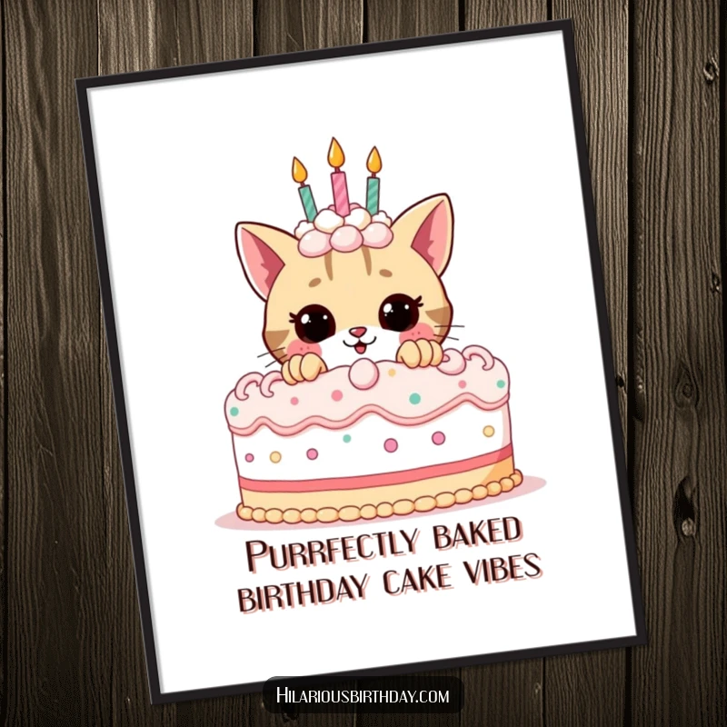 Funny Free Printable Wall Art: Playful cat peeking from behind a giant birthday cake, ready for a party.