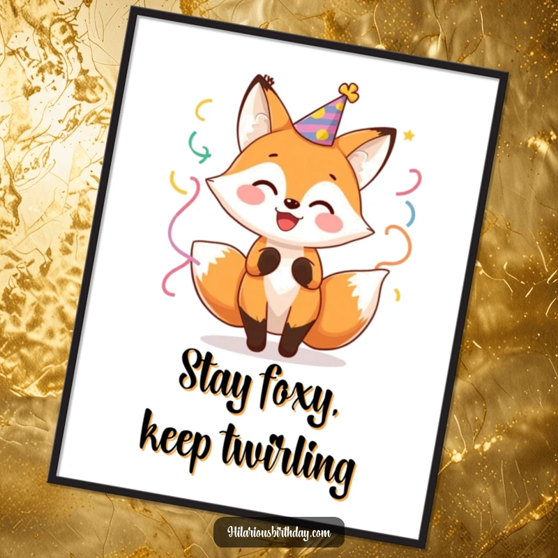 Funny Free Printable Wall Art: An exuberant fox in a party hat, joyfully twirling with vibrant streamers, adding cheer to any room.