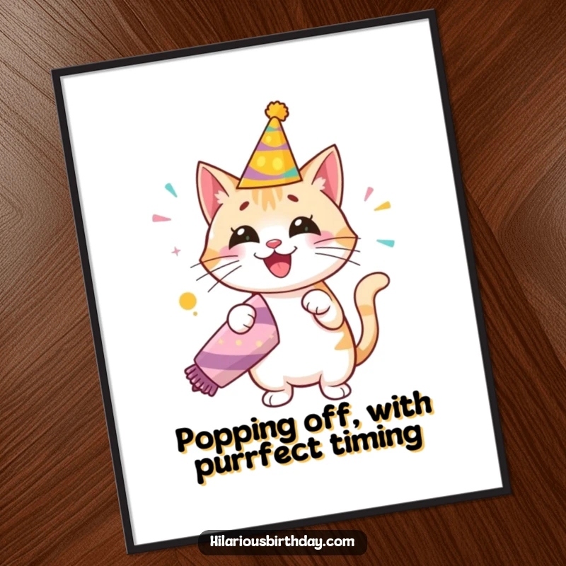 Funny Free Printable wall art of a happy cat in a festive hat, enthusiastically popping a giant party popper.