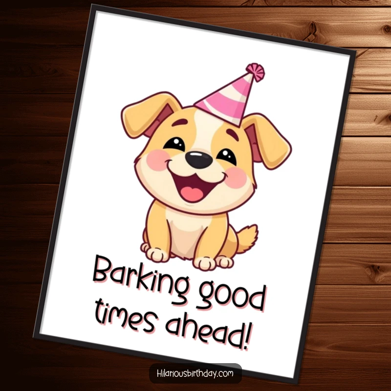 Funny Free Printable Wall Art: Delighted dog wearing a silly party hat, barking happily, a whimsical cartoon for your walls.