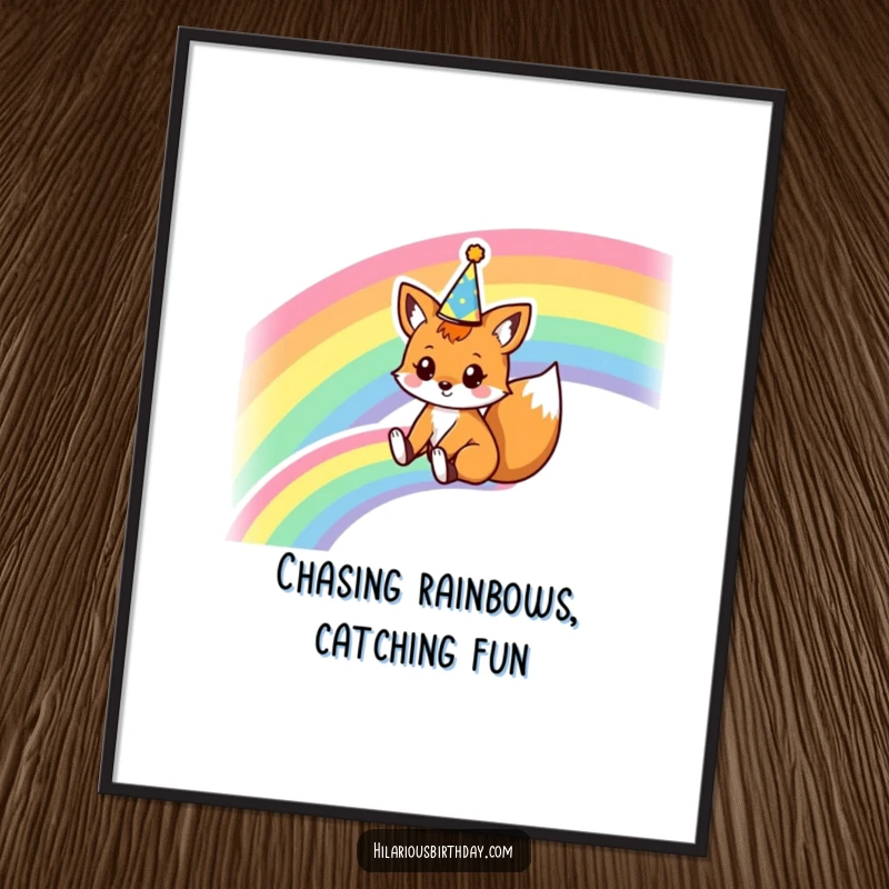 Funny Free Printable Wall Art: A cute kawaii fox wearing a party crown, happily sliding down a vibrant, magical rainbow.
