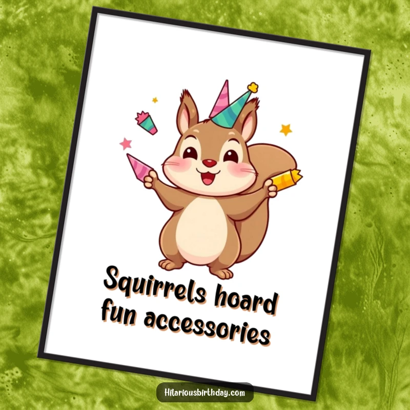Funny Free Printable Wall Art: A kawaii squirrel character energetically juggling several brightly colored party horns with a happy expression.