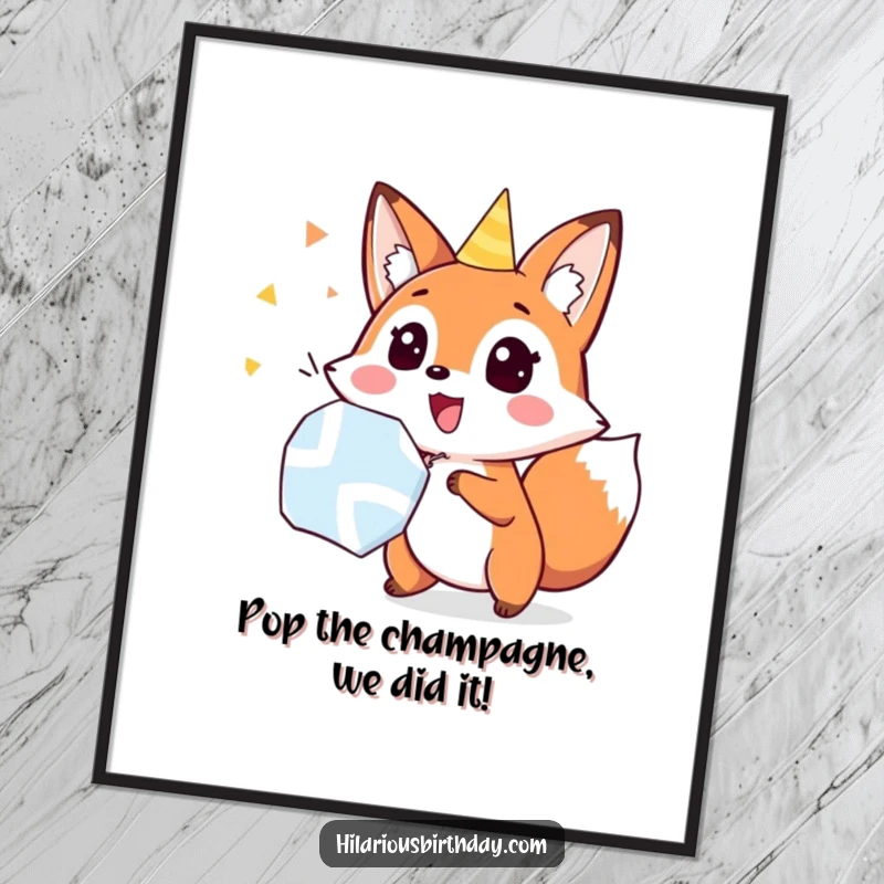 Quirky Free Printable Wall Art featuring a fox character with a hilariously surprised expression as a party popper bursts.