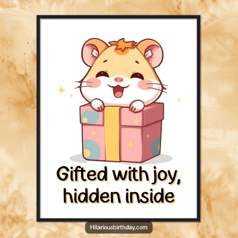 Funny Free Printable Hamster Wall Art: A giggling hamster hides inside a gift box, waiting to be discovered.