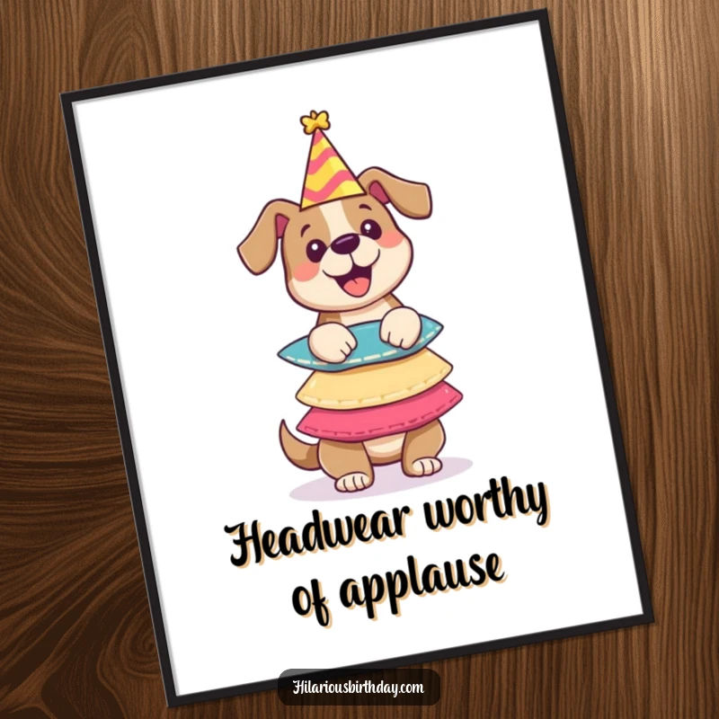 Funny Free Printable Dog Party Hat Wall Art: A goofy dog balancing a dizzying stack of colorful party hats.