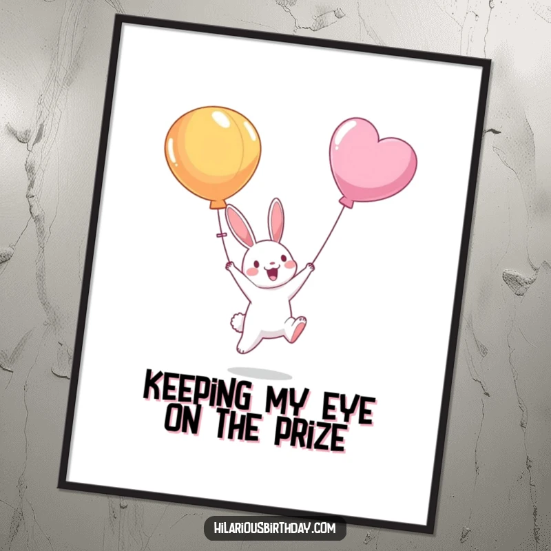 Funny Free Printable Bunny Balloon Wall Art: A grinning bunny jumping enthusiastically to catch a floating balloon.