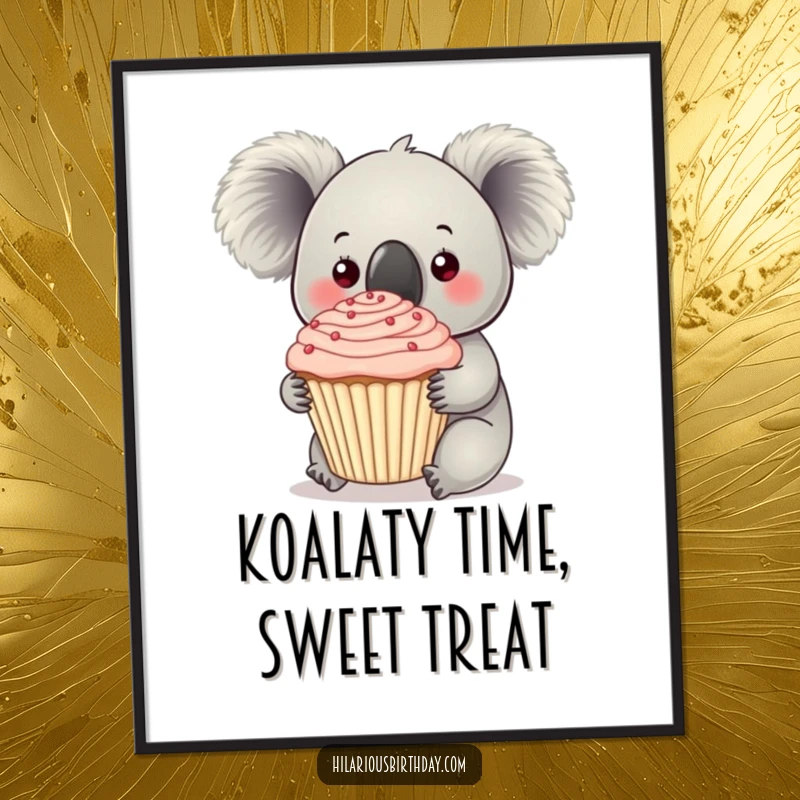 Funny Free Printable Wall Art: Curious koala gazing lovingly at a colossal cupcake, a delightful and whimsical addition to any decor.
