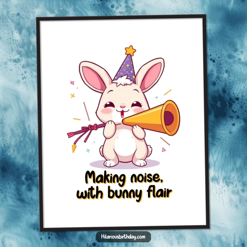 Funny Free Printable wall art of a playful rabbit in a sparkly hat, joyfully blowing a giant party horn.