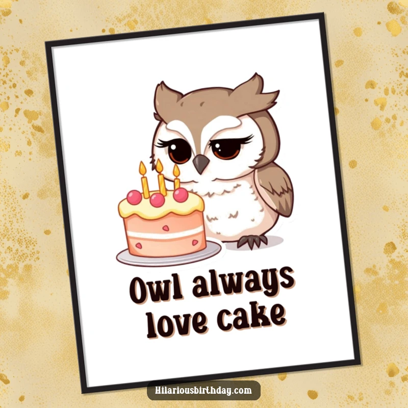 Funny Free Printable Wall Art: A curious owl intently studies a whimsical birthday cake, adding a touch of intellectual humor to decor.