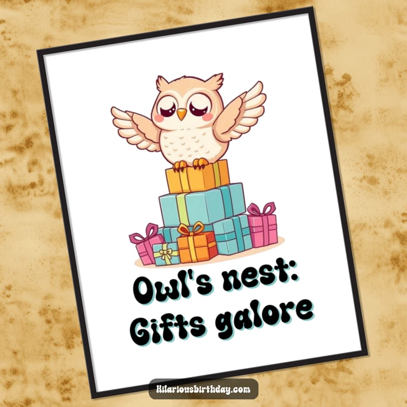 Funny Free Printable Wall Art showcasing a delighted owl joyfully riding on a generous pile of colorful presents, adding whimsy.