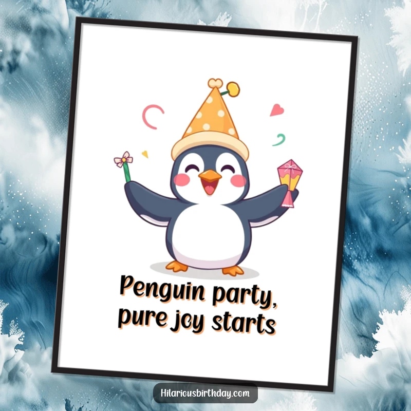 Funny Free Printable Wall Art: A happy penguin in a festive hat expertly juggling party favors, cheerful downloadable art.