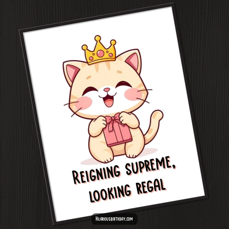 Funny Free Printable Wall Art: A delighted cat wearing a tiny crown and holding a gift bag, exuding regal charm.