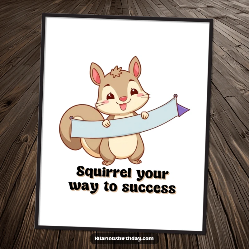 Funny Free Printable Wall Art: A cheerful squirrel proudly holds a long party banner, bringing playful energy to any wall.