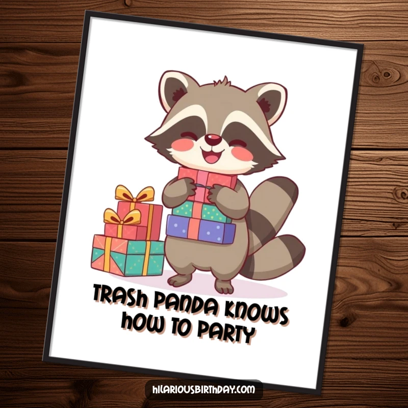 Funny Free Printable Raccoon Wall Art: A joyful raccoon character precariously balances a huge stack of presents.