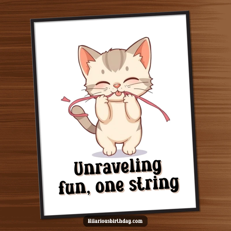 Funny free printable wall art depicting a mischievous kitten playfully tugging on a colorful party streamer, full of playful antics.