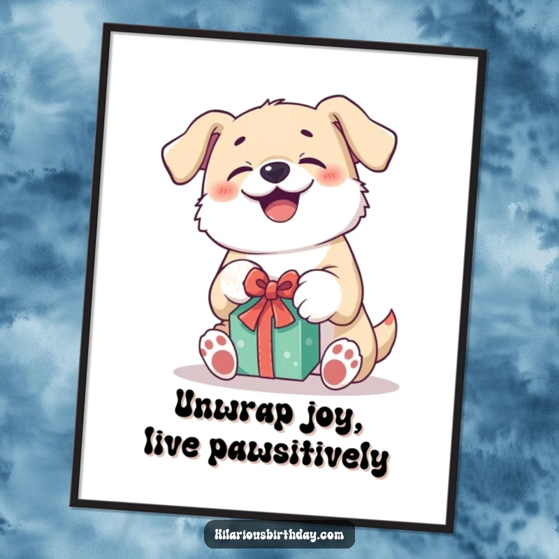 Funny Free Printable Wall Art: Giggling Kawaii dog enthusiastically unwrapping a gift, perfect for playful decor.