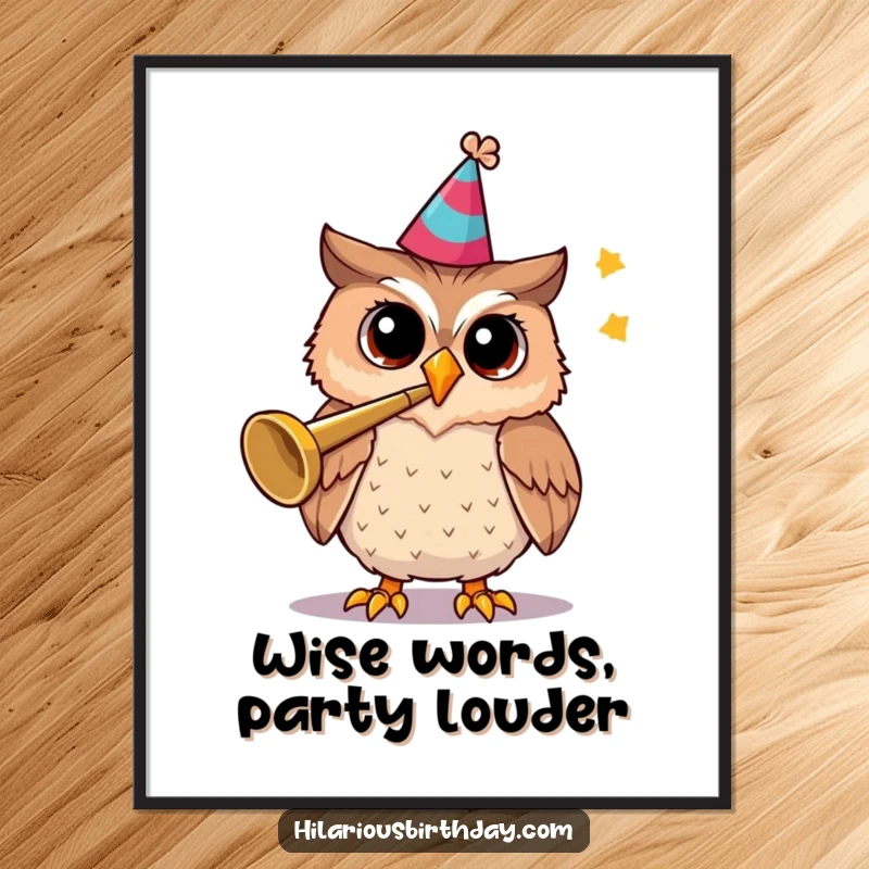 Funny Free Printable Wall Art: A cheerful owl wearing a party hat and blowing a trumpet, spreading musical joy.