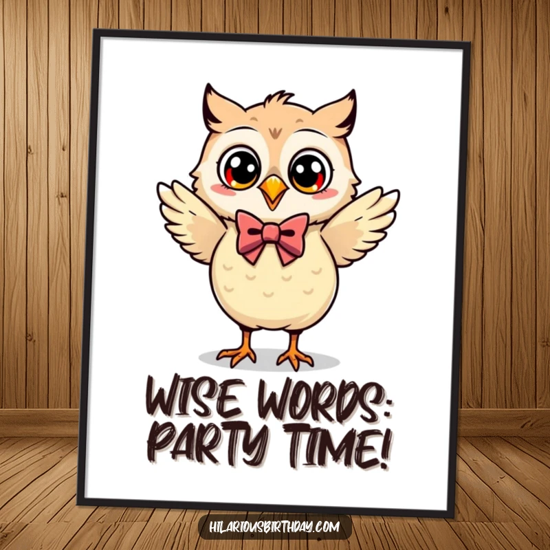 Funny Free Printable Wall Art: A charming Kawaii owl wearing a bow tie, captured mid-dance, full of playful energy.