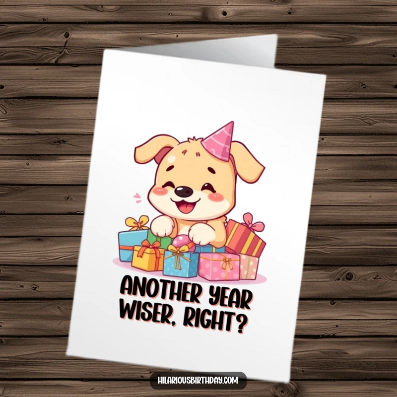 Funny Free Printable Birthday Card: Kawaii dog joyfully unwrapping colorful presents, perfect for a child's party.